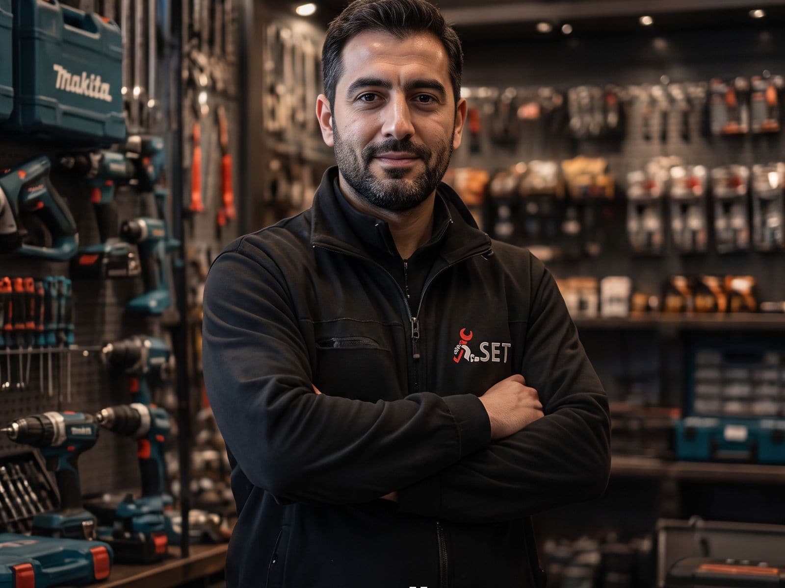 Mağazanın içi: duvarda asılı el aletleri, raflarda matkap ve taşlama kutuları, önde SET logolu mont giymiş çalışan.