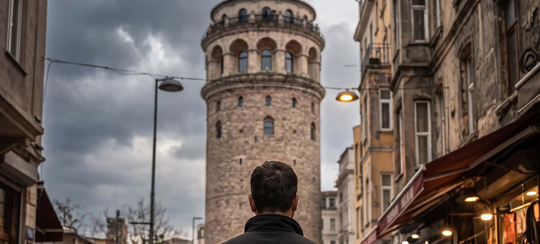 Galata Kulesi'nin eteğindeki Perşembe Pazarı sokağı; önde SET logolu mont giymiş bir kişi.